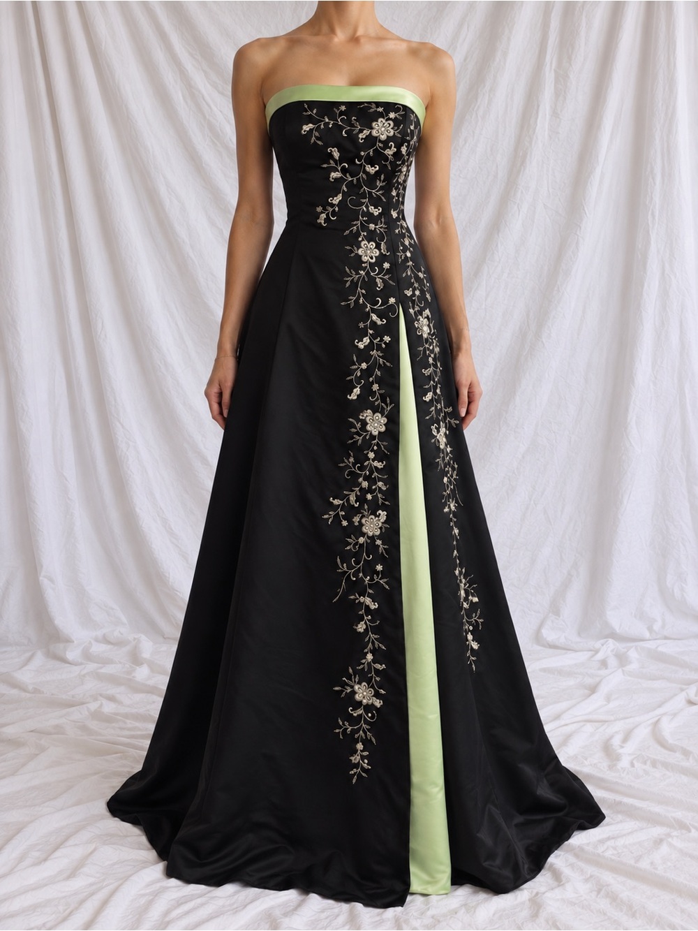 Strapless Black Evening Gown with Green Accent